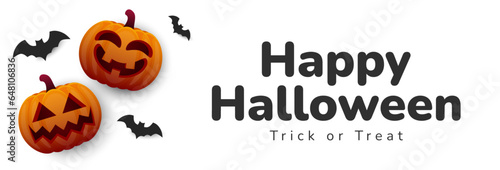 Happy Halloween. Helloween text typography template with pumpkin and bat illustration. Vector