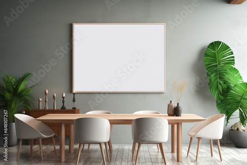 Modern Aesthetic Dining Room Interior Design with Blank Poster Created with Generative AI