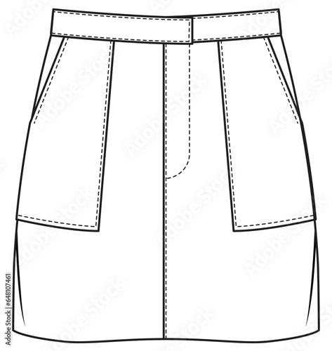 womens high waist pencil mini skirt flat sketch vector illustration technical cad drawing template
