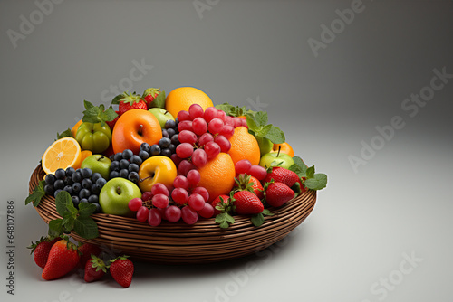 Basket of fresh fruits on a grey background. Healthy food concept.