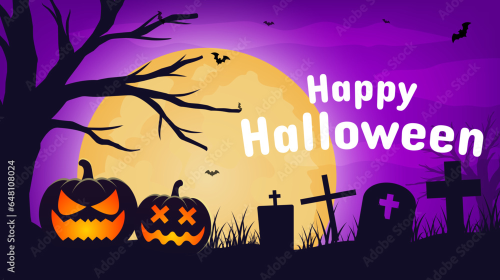 Spooky halloween night scene background. Halloween pumpkin, bat. Halloween holiday design. Vector illustration