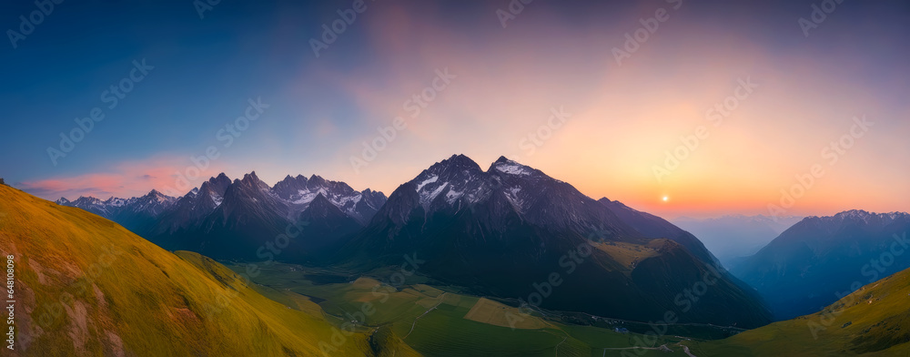 Sunset Dreamscape, Panoramic Mountain Majesty, AI Generated