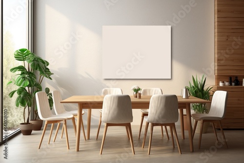 Modern Aesthetic Dining Room Interior Design with Blank Poster Created with Generative AI © dendyh7