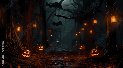 ultra realistic halloween photo with ghost, pumpkins and candies. generative ai