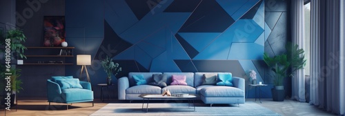Living Room With Full Wall Flat Geometric Blue