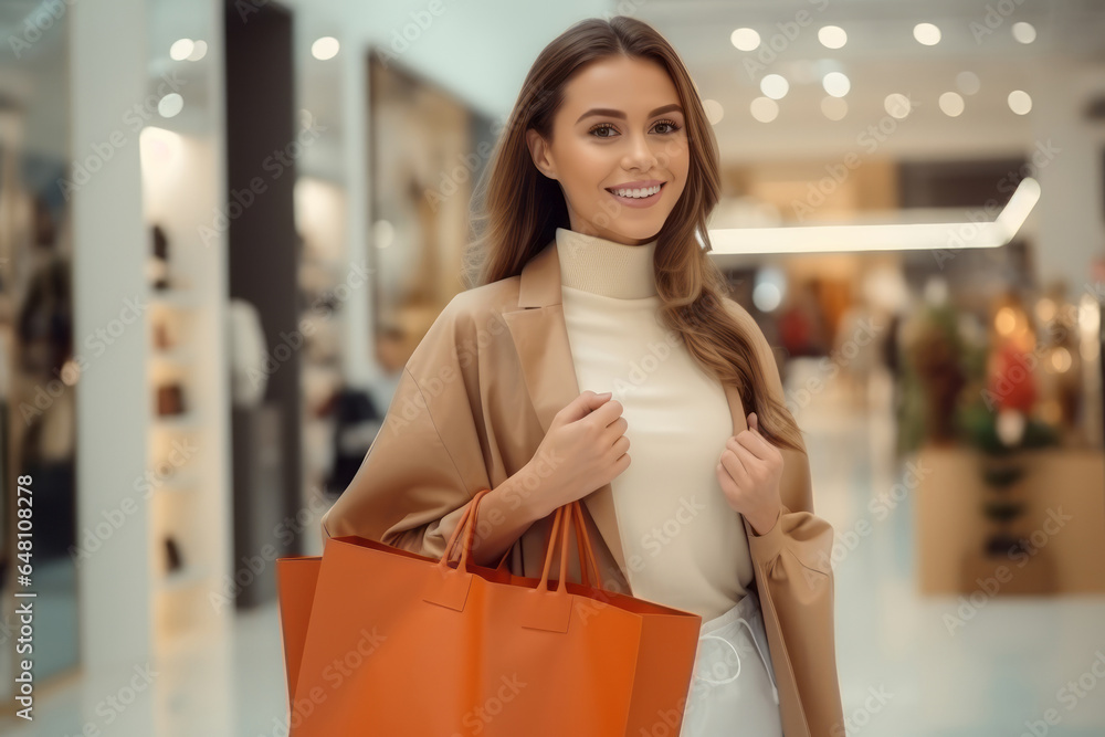 Close-up shot of happy young fashionista woman holding bag while shopping