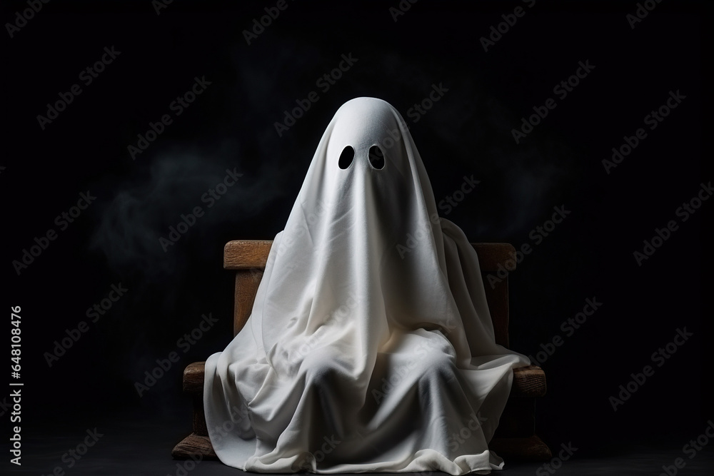 Little cute child with white dressed costume Halloween ghost scary, studio shot isolated on black background Little cute child with white dressed costume Halloween ghost scary, studio shot isolated on black background