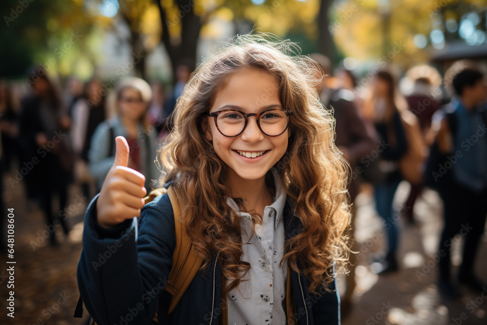 Happy smiling girl in glasses with thumb up is going to school for the first time. Child with school bag and book. Back to school Happy smiling girl in glasses with thumb up is going to school for the first time. Child with school bag and book. Back to school