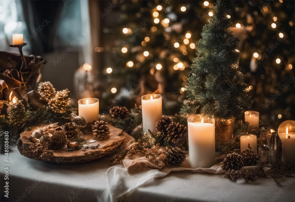 Pigne e candele con alberello di Natale, addobbi natalizi