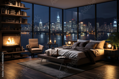 modern Luxury bedroom with night city view photo
