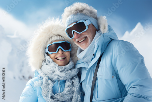 modern old couple in winter blue clothes