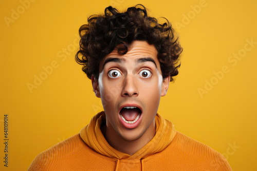 young man expressing surprise and shock emotion with his mouth open and wide open eyes. isolated on yellow background © Volodymyr