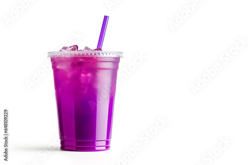 Purple drink in a plastic cup isolated on a white background. Take away drinks concept with copy space