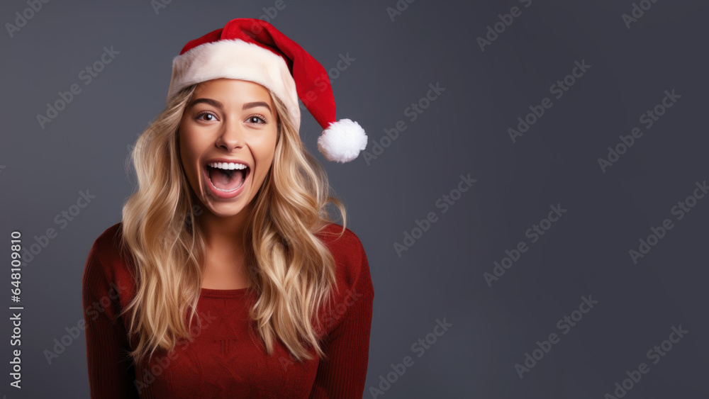 Blonde girl surprise face in santa claus red hat, Christmas sale gift Blonde girl surprise face in santa claus red hat, Christmas sale gift