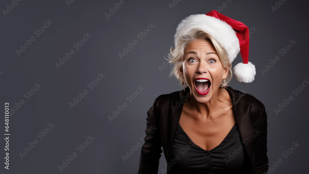 Blonde woman surprise face in santa claus red hat, Christmas sale gift Blonde woman surprise face in santa claus red hat, Christmas sale gift