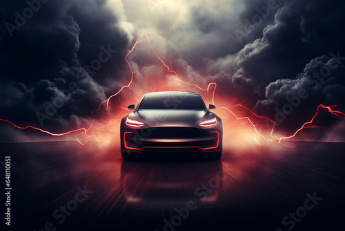 Electric Car in Motion on Street, sports car, Electric Vehicle, Motion Car, Colorful, Light Effect