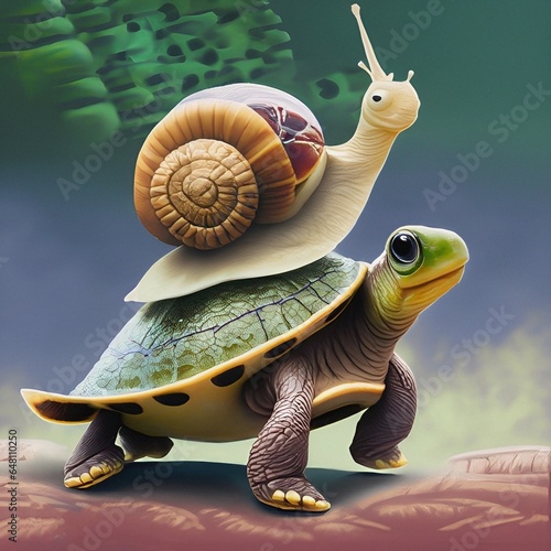 A snail is riding on ja turtle.