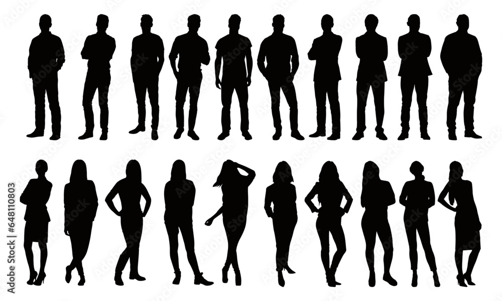 Vector detailed silhouettes set of standing people male and female full body front view with body gesture isolated on white background. Crowd, group of people vector illustration Vector detailed silhouettes set of standing people male and female full body front view with body gesture isolated on white background. Crowd, group of people vector illustration