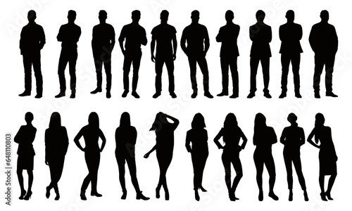 Vector detailed silhouettes set of standing people male and female full body front view with body gesture isolated on white background. Crowd, group of people vector illustration