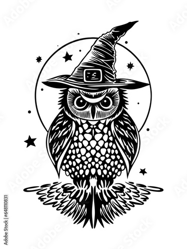 Eule Zauberer Hut und Vollmond. Halloween Vektor im Herbst. Nachthimmel mit Sternen. Tattoo Style.