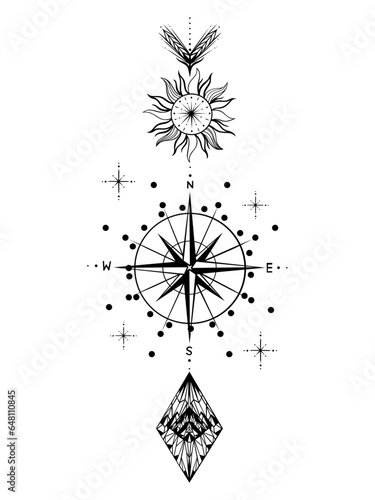 Pfeil mit Kompass, Windrose, Sonne, Sterne und Diamant. Fineline Tattoo Vektor.
