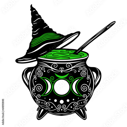 Hexenkessel mit Hexenhut und drei Monde, Triskelion. Vektor für Walpurgisnacht Halloween Samhain. Für Hexen Kräuterfrauen und Green Witch