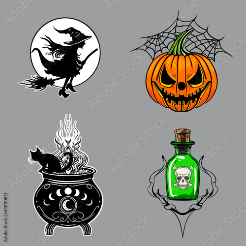 Halloween Vektor Set. Hexe Zauberer Kürbis Hexenkessel Schwarze Katze und Giftfläschchen.