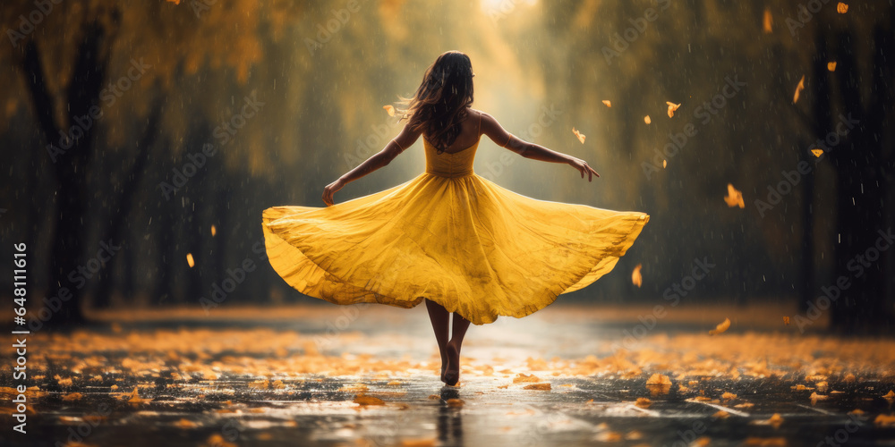 woman dancing in the rain with a yellow dress  in autumn - obrazy, fototapety, plakaty 