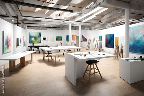 Design a contemporary art studio that blurs the lines between painting, sculpture, and digital media, inviting experimentation.