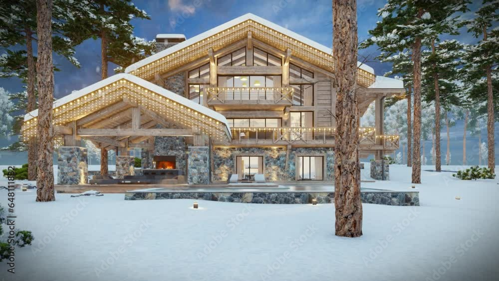 4K video rendering of modern cozy chalet with pool and parking for sale or rent. Beautiful forest mountains on background. Massive timber beams columns. Christmas garlands in New Year holidays 4K video rendering of modern cozy chalet with pool and parking for sale or rent. Beautiful forest mountains on background. Massive timber beams columns. Christmas garlands in New Year holidays