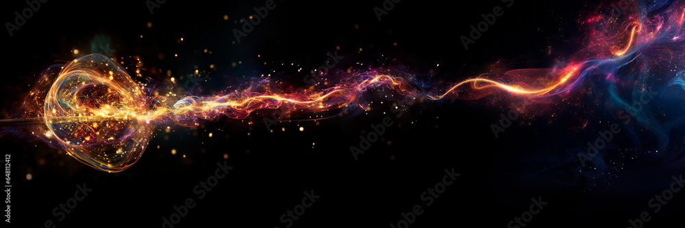 Abstract background with a trail of swirling glowing multi colored pollen from a magic wand on a dark background