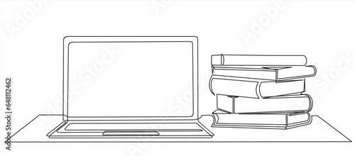 One continuous line drawing of computer laptop and books stack. Study space desk concept. Single line draw design vector illustration