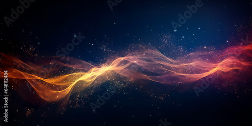 Abstract background with a trail of swirling glowing multi colored pollen from a magic wand on a dark background