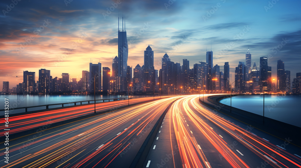 The motion blur of a busy urban highway during the evening rush hour. The city skyline serves as the background, illuminated by a sea of headlights and taillights.ai generative
