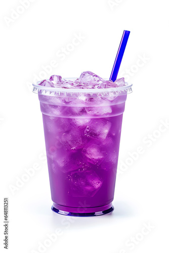 Purple drink in a plastic cup isolated on a white background. Take away drinks concept