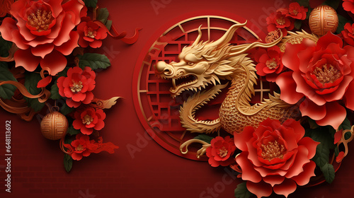 Happy chinese new year 2024 the dragon zodiac sign with flower,lantern,asian elements gold paper cut style on color background.copy space