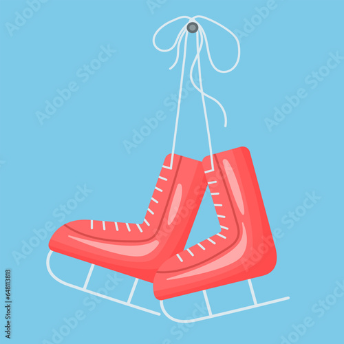 Red-pink skates on a blue background, for ice skating. Vector flat illustration.
