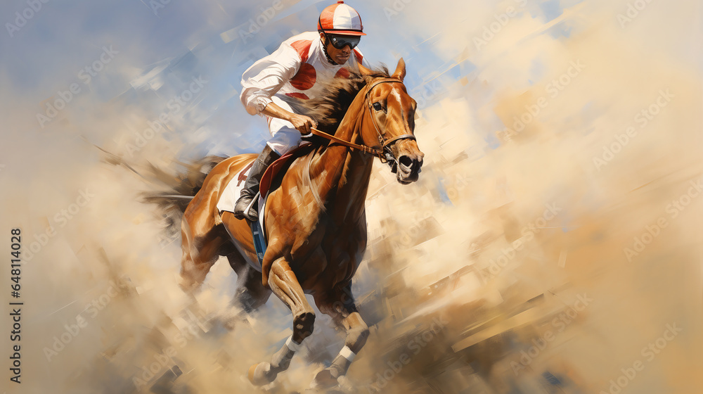 Fototapeta premium Jockey champion on racing horse.ai generative