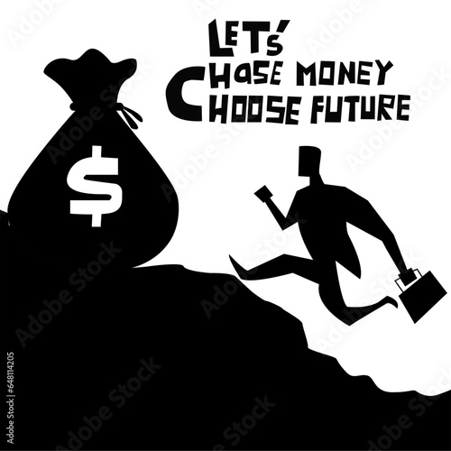 flat design black and white illustration of a person holding a bag with chasing money with through difficulties and a tiring.Symbol of faith and diligence. Vector