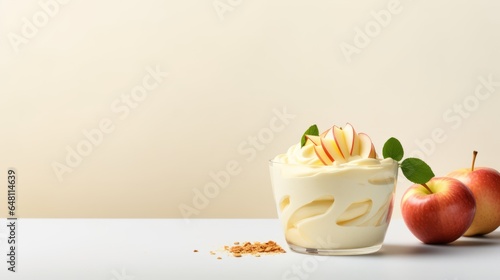 Fresh healthy Yogurt Mousse with apples. Cream mousse with apples. , copy space, horizontal format, photo AI generated
