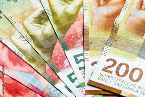Collection of modern Swiss banknotes. Close-up of CHF photo
