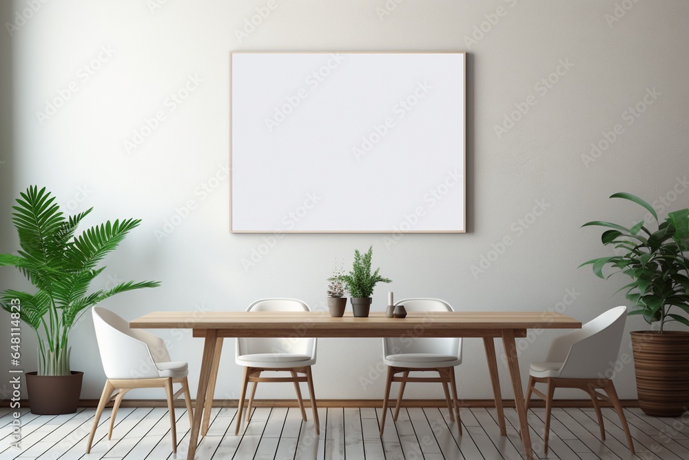 Modern Aesthetic Dining Room Interior Design with Blank Poster Created with Generative AI Modern Aesthetic Dining Room Interior Design with Blank Poster Created with Generative AI
