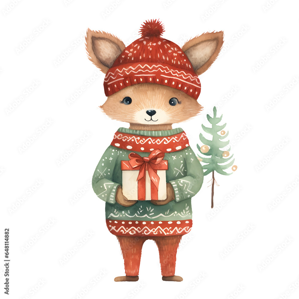 Transparent Background watercolor crocheted Christmas Fox. Watercolor Clip Art with a Boho style.