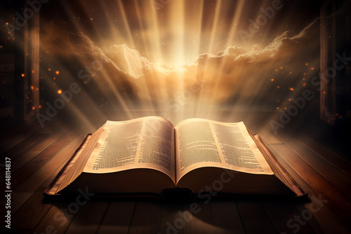 an open book of the Bible on which the sun's rays fall from the church window.ai generative