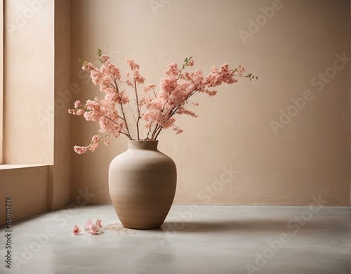 Wallpaper Mural Minimalist Interior Design, Clay Vase with Blossom Twig on Concrete Floor Near Beige Stucco Wall – Home Decor Background with Copy Space in a Modern Living Room. Torontodigital.ca