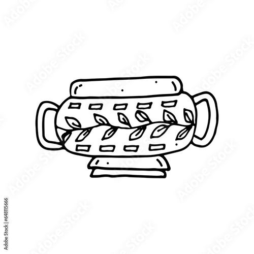 Antique vase with ornament. Vessel made of baked clay, ceramics. Household dishes. Doodle. Vector illustration. Hand drawn. Outline.