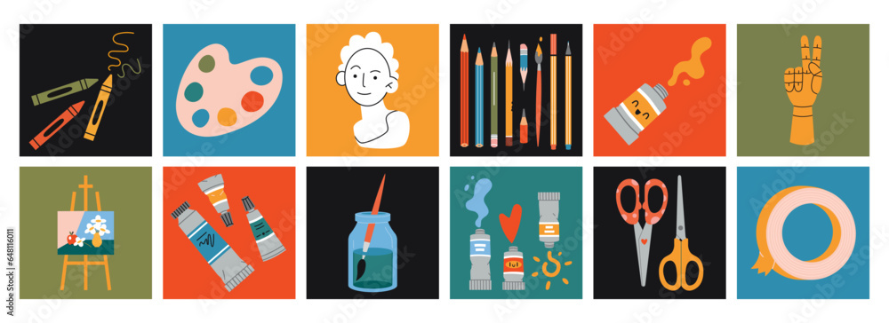 Set of painting tools elements and art supplies. Square colorful icons, cartoon style. Trendy modern vector illustration, hand drawn, flat design