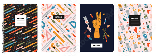 Trendy covers set, cartoon style vector illustration. Cool design with painting tools elements seamless patterns and cute art supplies. For notebooks, planners, brochures, books, catalogs etc