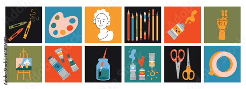 Set of painting tools elements and art supplies. Square colorful icons, cartoon style. Trendy modern vector illustration, hand drawn, flat design
