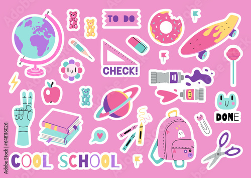 Set of stickers for planner and diaries, vector flat illustration. Sticker pack with cute school stationery and art supplies, cartoon style. Bright pastel color, 90s vibe. Decorations for notebook